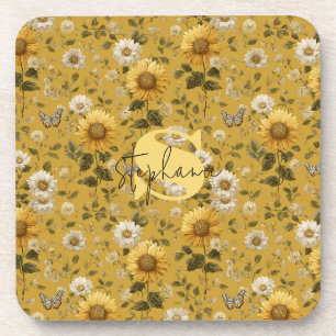 Sunflowers and Butterflies on Yellow Background 1 Coaster