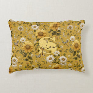 Sunflowers and Butterflies on Yellow Background 1 Decorative Cushion