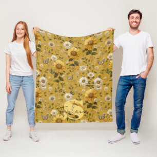 Sunflowers and Butterflies on Yellow Background 1 Fleece Blanket