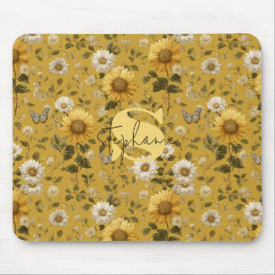 Sunflowers and Butterflies on Yellow Background 1 Mouse Mat