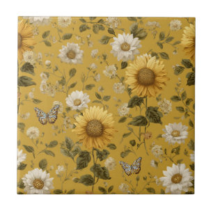 Sunflowers and Butterflies on Yellow Background 1 Tile