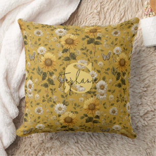 Sunflowers and Butterflies on Yellow Background Cushion