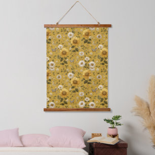 Sunflowers and Butterflies on Yellow Background Hanging Tapestry