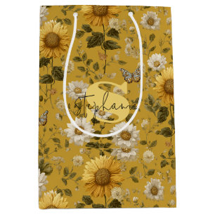 Sunflowers and Butterflies on Yellow Background Medium Gift Bag