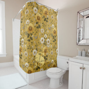 Sunflowers and Butterflies on Yellow Background Shower Curtain