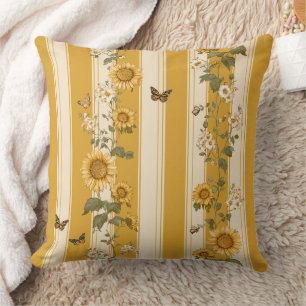 Sunflowers and Butterflies on Yellow Stripes (2) Cushion