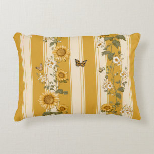 Sunflowers and Butterflies on Yellow Stripes (2) Decorative Cushion