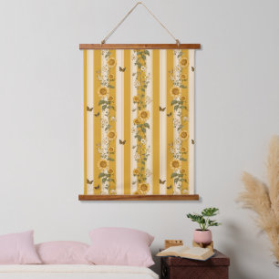 Sunflowers and Butterflies on Yellow Stripes (2) Hanging Tapestry