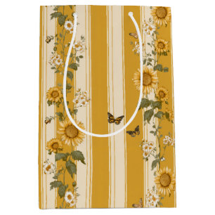 Sunflowers and Butterflies on Yellow Stripes (2) Medium Gift Bag