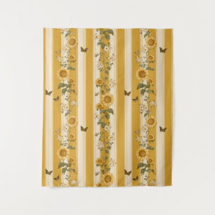 Sunflowers and Butterflies on Yellow Stripes (2) Tapestry