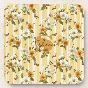 Sunflowers and Butterflies on Yellow Stripes (3) Coaster