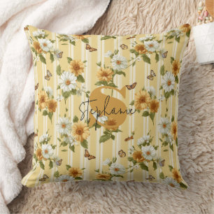 Sunflowers and Butterflies on Yellow Stripes (3) Cushion