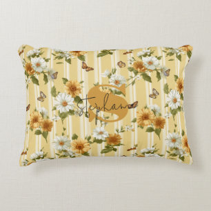 Sunflowers and Butterflies on Yellow Stripes (3) Decorative Cushion