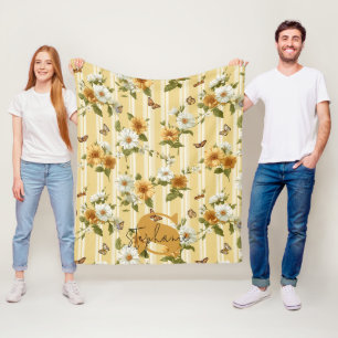 Sunflowers and Butterflies on Yellow Stripes (3) Fleece Blanket