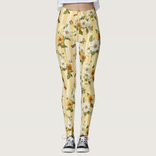 Sunflowers and Butterflies on Yellow Stripes (3) Leggings