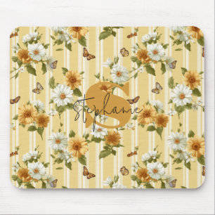 Sunflowers and Butterflies on Yellow Stripes (3) Mouse Mat