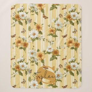 Sunflowers and Butterflies on Yellow Stripes (3) Sherpa Blanket