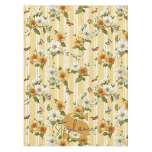 Sunflowers and Butterflies on Yellow Stripes (3) Tablecloth