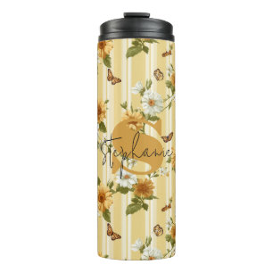 Sunflowers and Butterflies on Yellow Stripes (3) Thermal Tumbler