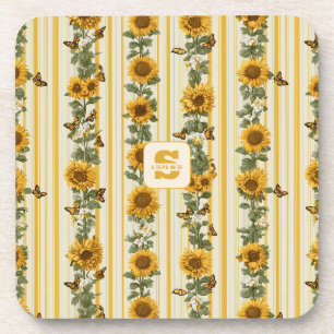 Sunflowers and Butterflies on Yellow Stripes Coaster