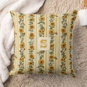 Sunflowers and Butterflies on Yellow Stripes Cushion