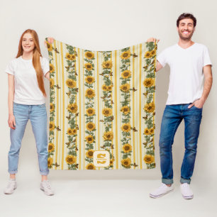 Sunflowers and Butterflies on Yellow Stripes Fleece Blanket