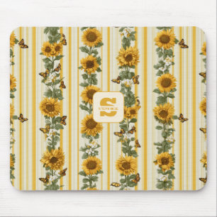 Sunflowers and Butterflies on Yellow Stripes Mouse Mat