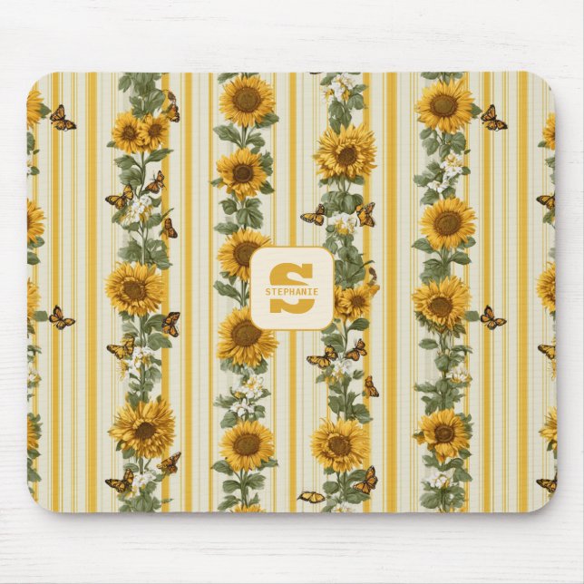 Sunflowers and Butterflies on Yellow Stripes Mouse Mat (Front)