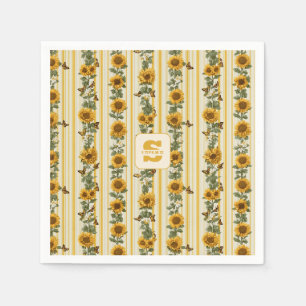 Sunflowers and Butterflies on Yellow Stripes Napkin