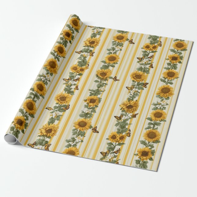 Sunflowers and Butterflies on Yellow Stripes Wrapping Paper (Unrolled)