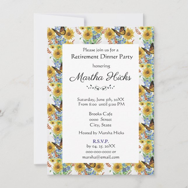 Sunflowers and  Butterflies Retirement Party  Invitation (Front)