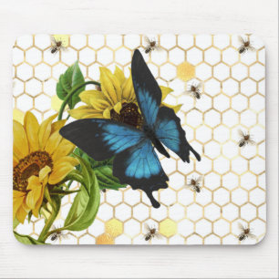 Sunflowers and Butterfly on Honeycomb Mouse Mat