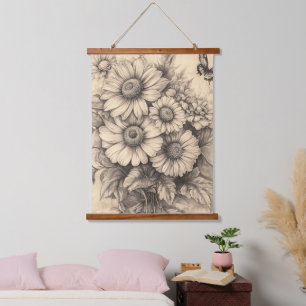Sunflowers and Butterfly - Rustic Aged Paper Hanging Tapestry
