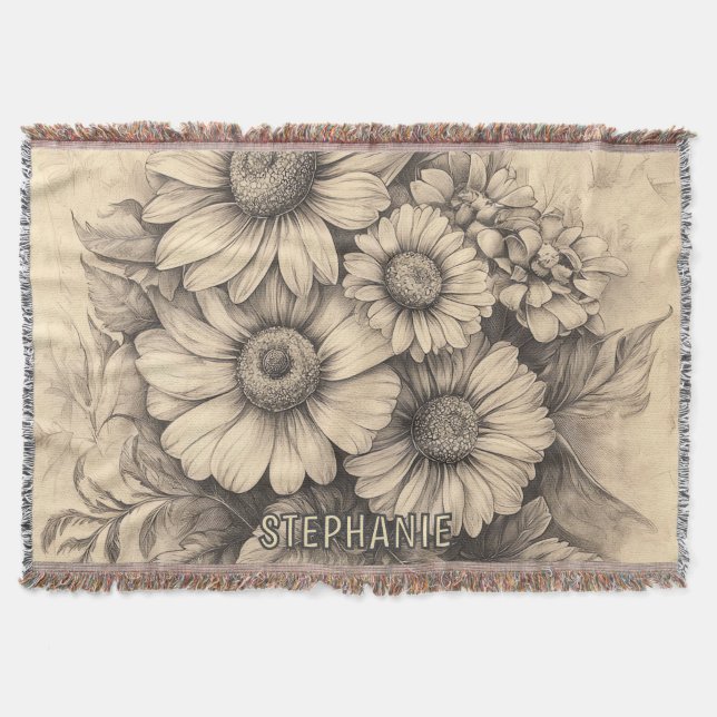 Sunflowers and Butterfly - Rustic Aged Paper Throw Blanket (Front)