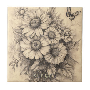 Sunflowers and Butterfly - Rustic Aged Paper Tile