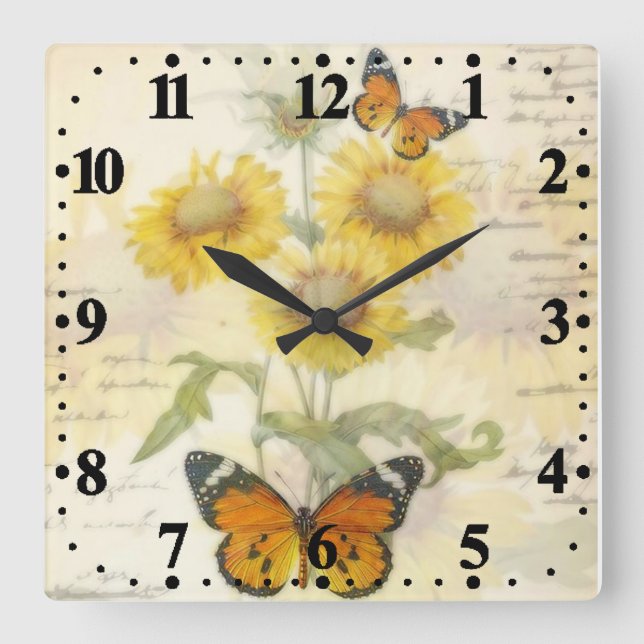 Sunflowers and butterfly square wall clock (Front)