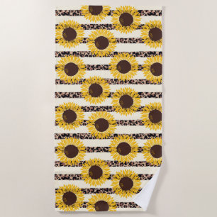 Sunflowers and Cheetah Stripes Beach Towel