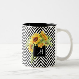 Sunflowers and Chevron Stripes with Monogram Two-Tone Coffee Mug