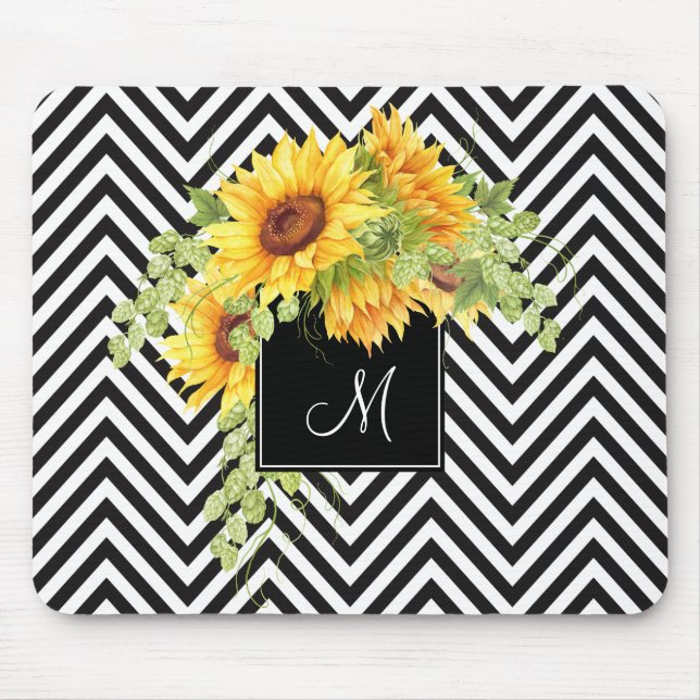 Sunflowers and Chevron Stripes with Your Monogram Mouse Mat (Front)