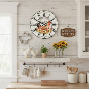 Sunflowers and chicken farm fresh large clock
