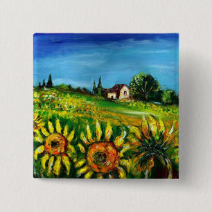 SUNFLOWERS AND COUNTRYSIDE IN TUSCANY 15 CM SQUARE BADGE