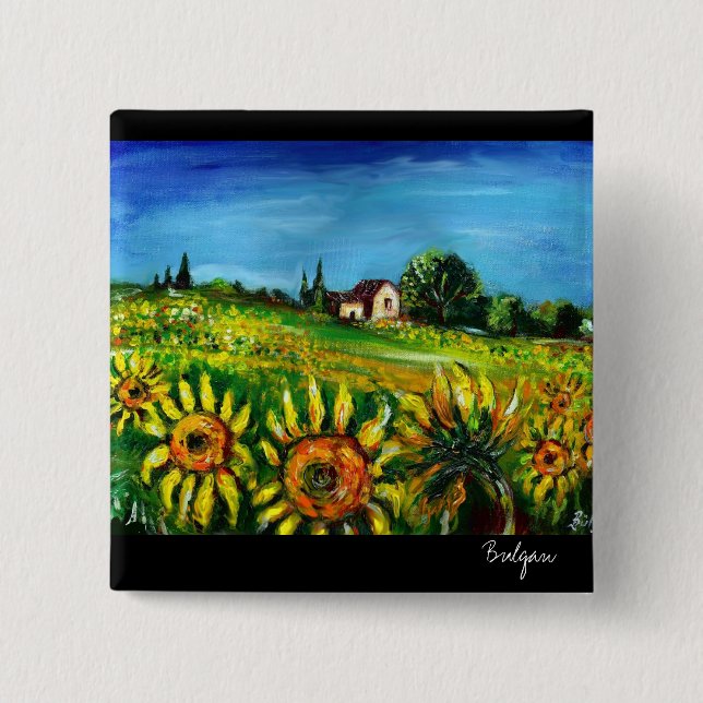 SUNFLOWERS AND COUNTRYSIDE IN TUSCANY 15 CM SQUARE BADGE (Front)