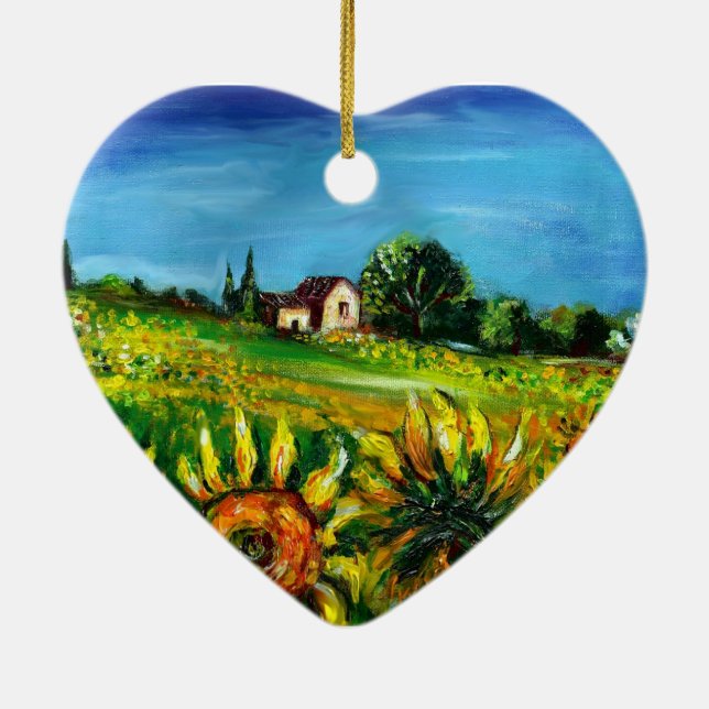 SUNFLOWERS AND COUNTRYSIDE IN TUSCANY Heart Ceramic Tree Decoration (Back)