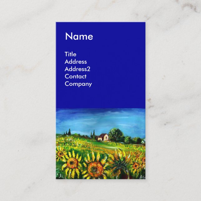 SUNFLOWERS AND COUNTRYSIDE IN TUSCANY- ITALY Blue Business Card (Front)