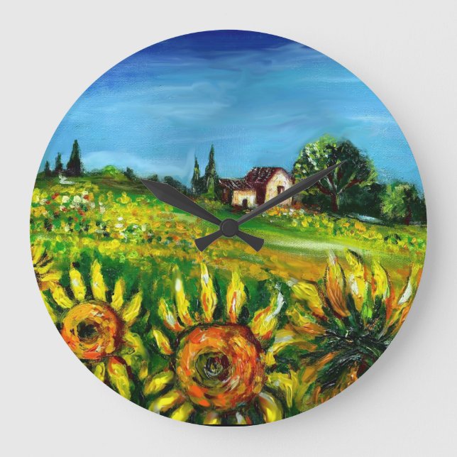 SUNFLOWERS AND COUNTRYSIDE IN TUSCANY LARGE CLOCK (Front)