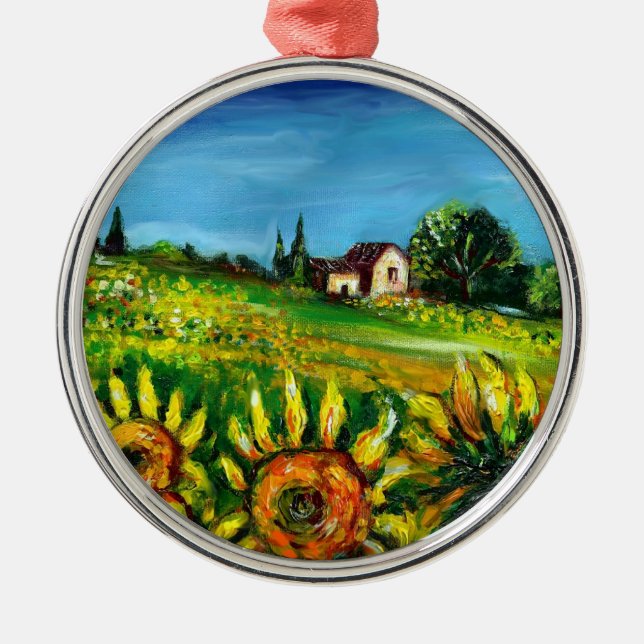 SUNFLOWERS AND COUNTRYSIDE IN TUSCANY METAL TREE DECORATION (Front)