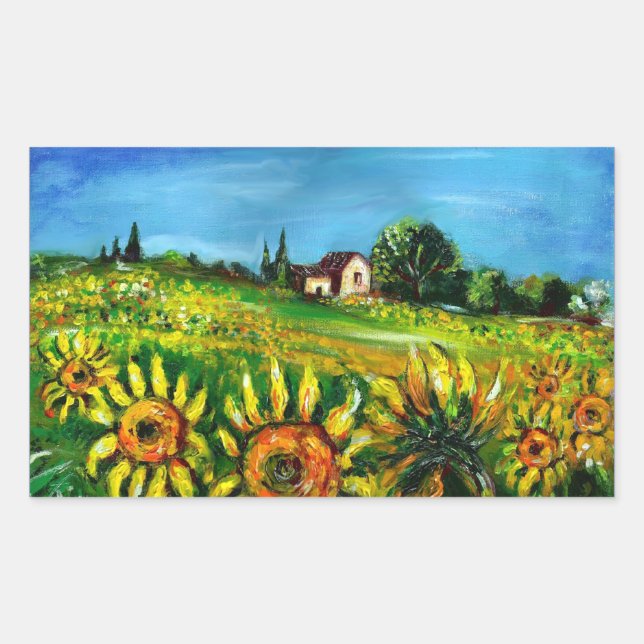SUNFLOWERS AND COUNTRYSIDE IN TUSCANY RECTANGULAR STICKER (Front)