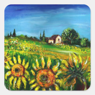 SUNFLOWERS AND COUNTRYSIDE IN TUSCANY SQUARE STICKER