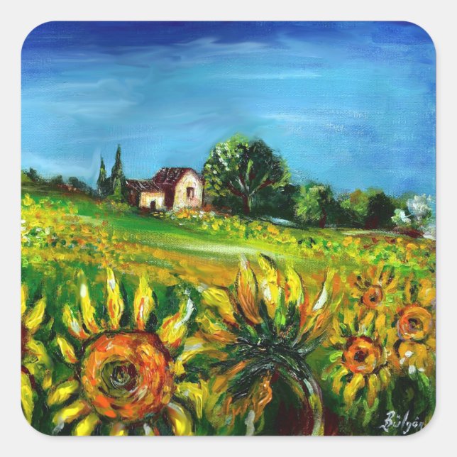 SUNFLOWERS AND COUNTRYSIDE IN TUSCANY SQUARE STICKER (Front)