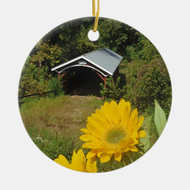 Sunflowers and Cover bridge Ceramic Tree Decoration (Front)